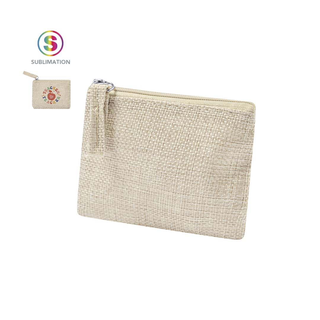 A natural-coloured purse with a textured fabric exterior, featuring a zip closure and a small logo. Elyron Sublimation Purse - Image 1