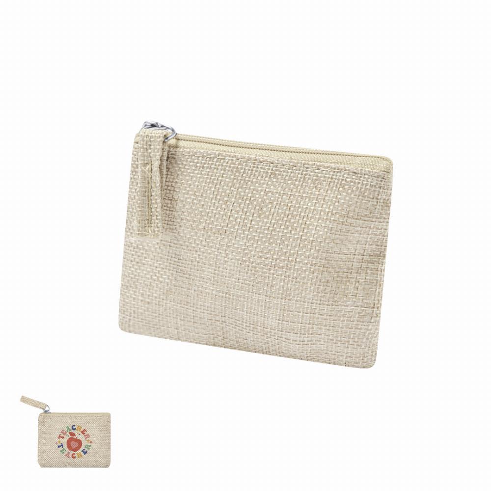 A textured beige pouch with a zipper, featuring a small attached wallet. The pouch has a simple, woven design. Elyron - Image 1