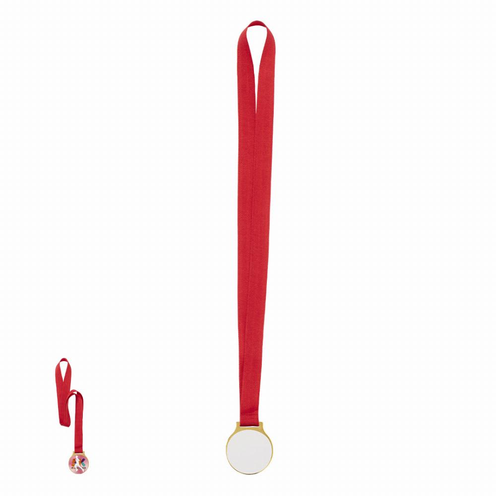 A medal with a circular gold pendant and a red ribbon. The pendant is blank, suitable for personalisation. Aviana - Image 1