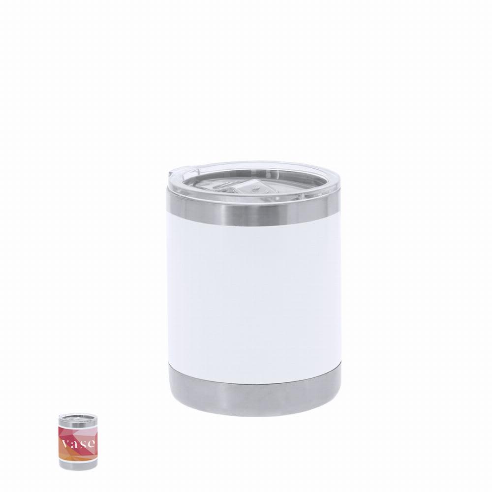 A drink bottle in white with a stainless steel base and a clear lid, featuring a logo. Teyana - Image 1