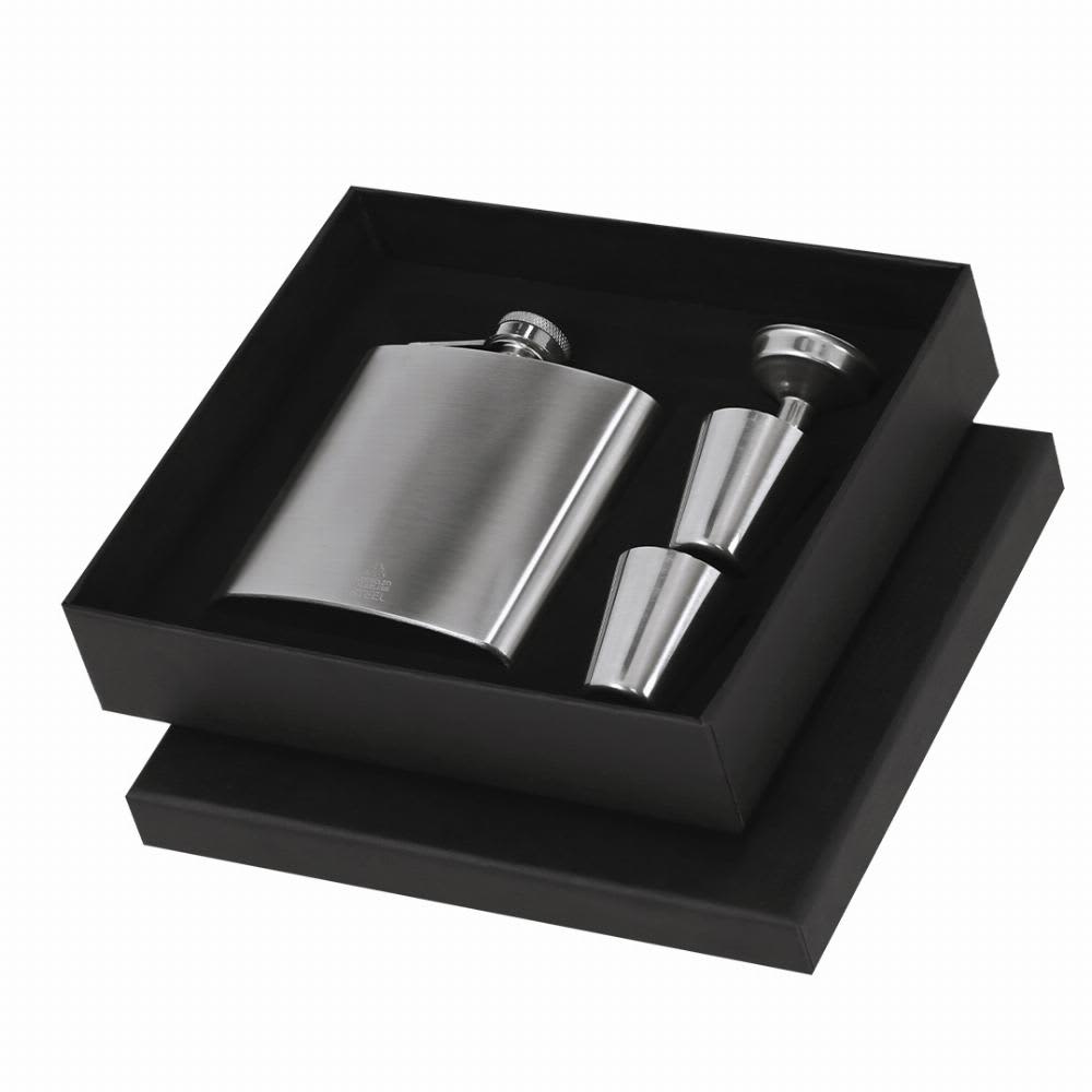 A drink bottle in a black gift box, featuring a stainless steel flask and two shot glasses. Almaz - Image 1