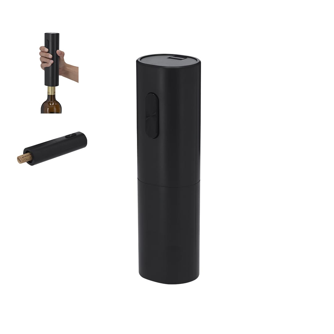 A black electric corkscrew with a sleek design and a button, suitable for opening wine bottles. Breya Electric Corkscrew - Image 1