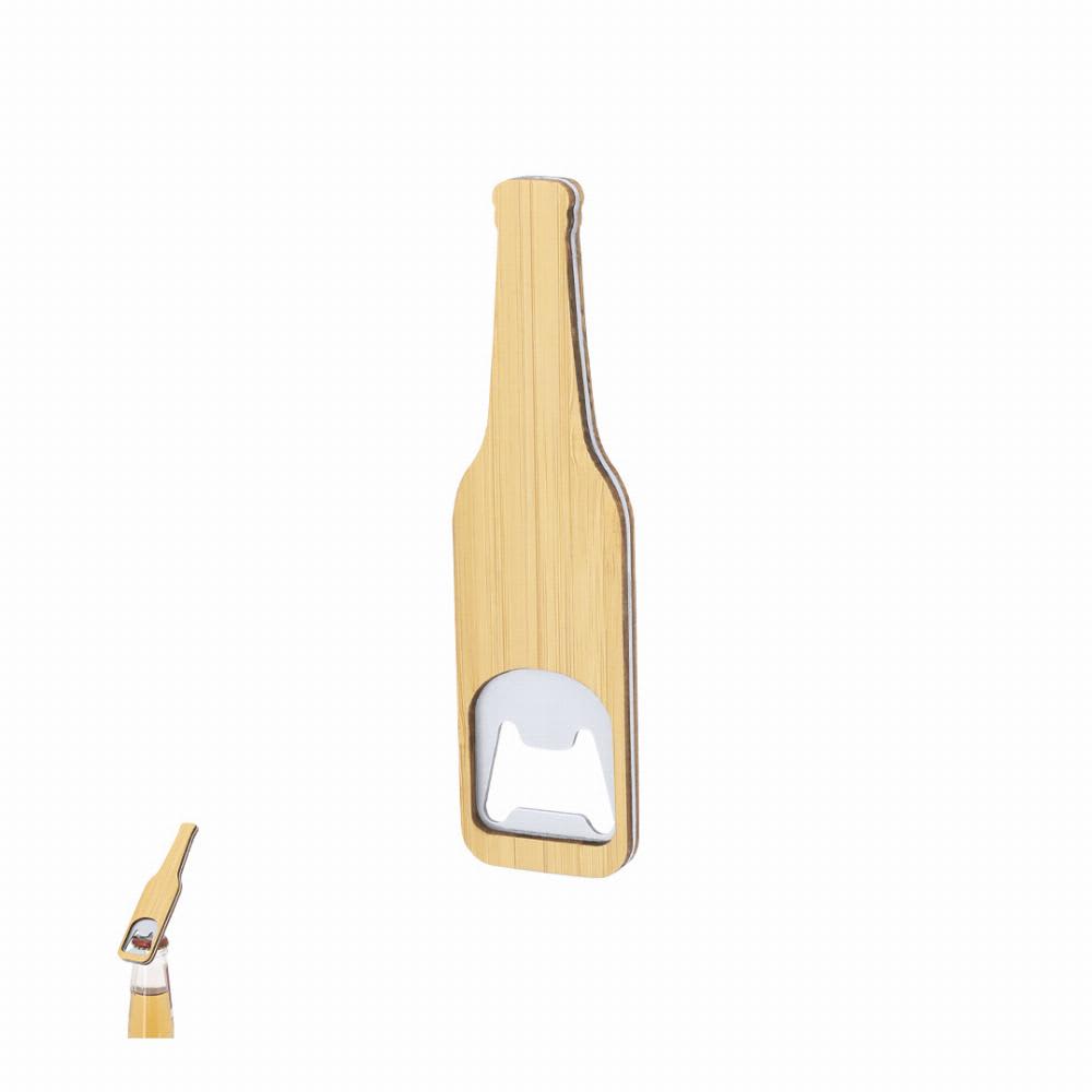 A drink bottle opener shaped like a wooden beer bottle, featuring a metallic opener at the bottom. It has a logo. Ceryon - Image 1