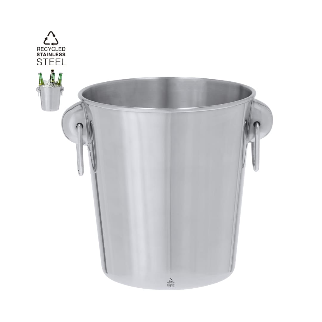 A stainless steel ice bucket with two handles, designed for leisure and outdoor use, featuring a shiny finish. Daris Ice Bucket - Image 1