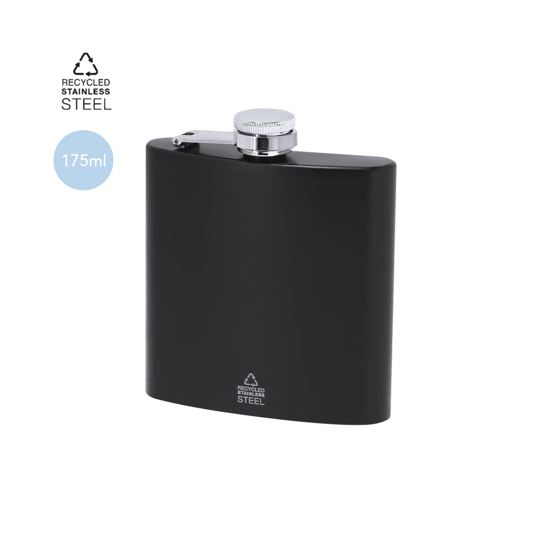 A drink bottle in sleek black recycled stainless steel, featuring a silver screw-top lid and a branding logo. Lindog Hip Flask - Image 1