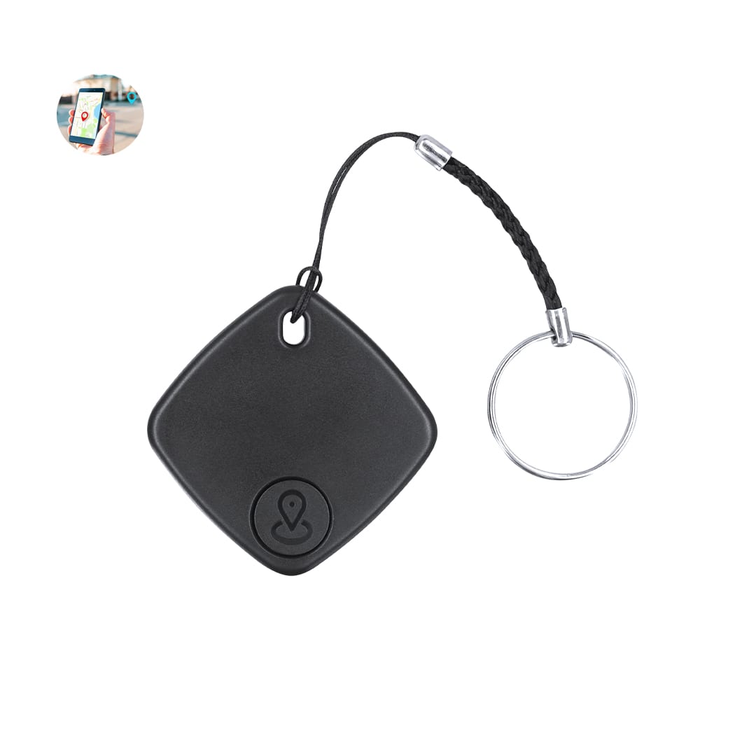 A black Zambal Tracker device with a keyring attachment and a textured strap. It's rectangular with rounded corners and has a logo. Zambal Tracker - Image 1