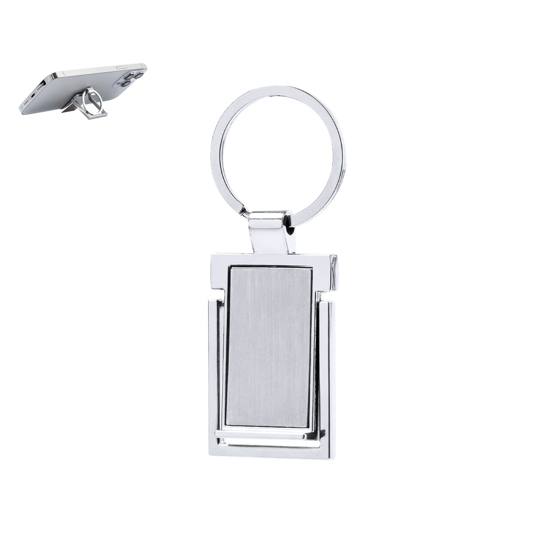 A silver keyring holder with a flat rectangular surface and a circular ring attachment, featuring a logo. Hibayon Holder Keyring - Image 1