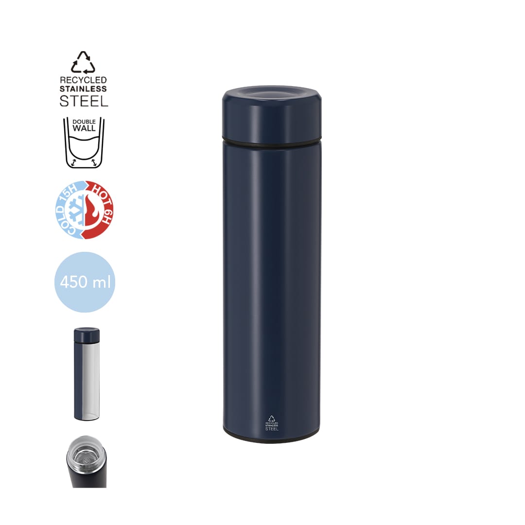 A drink bottle in navy blue, made from recycled stainless steel with a double-wall design, featuring a logo. Denisof Vacuum Flask - Image 1