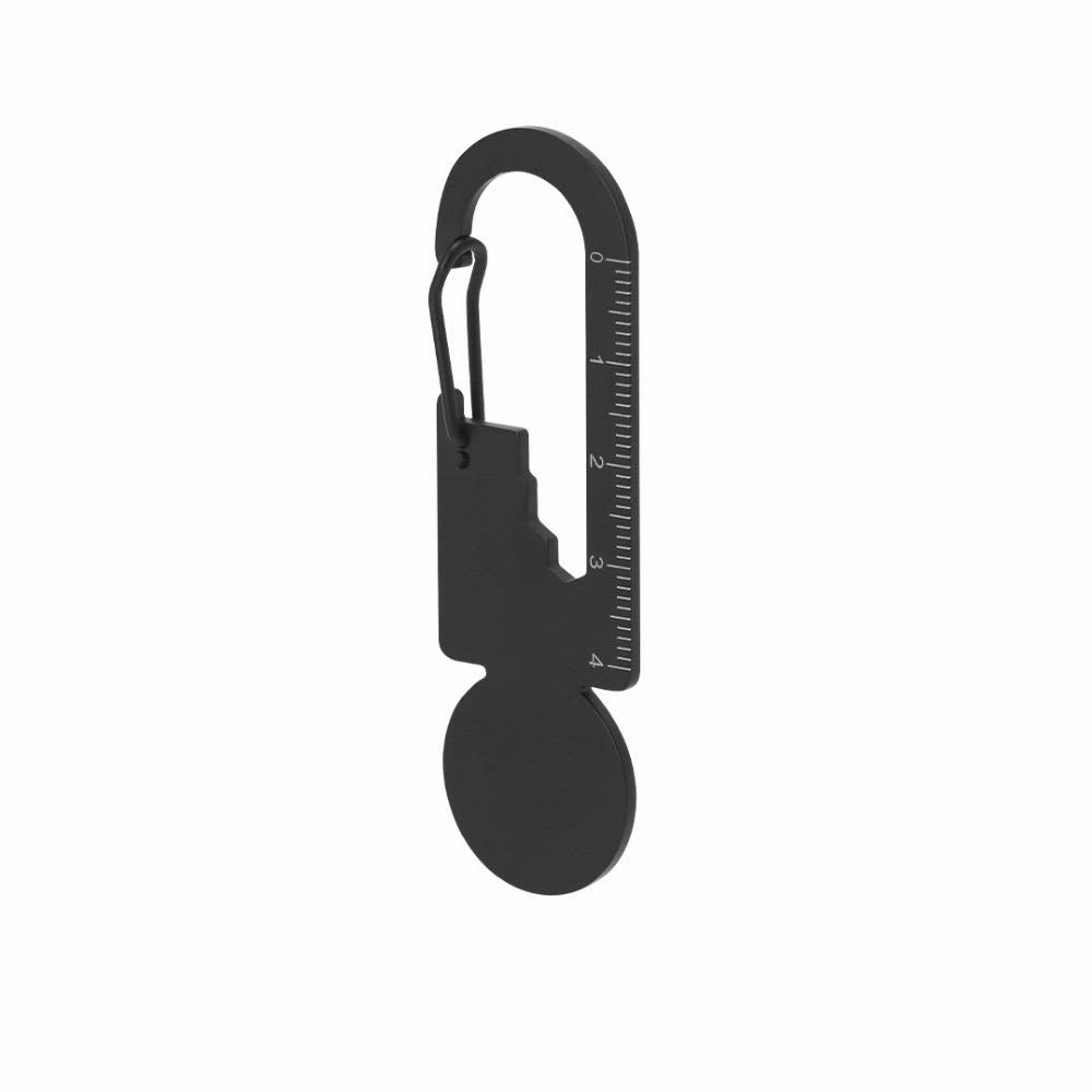 A black measuring device with a round base and a hooked clip, featuring a ruler scale on the side. Basarik - Image 1