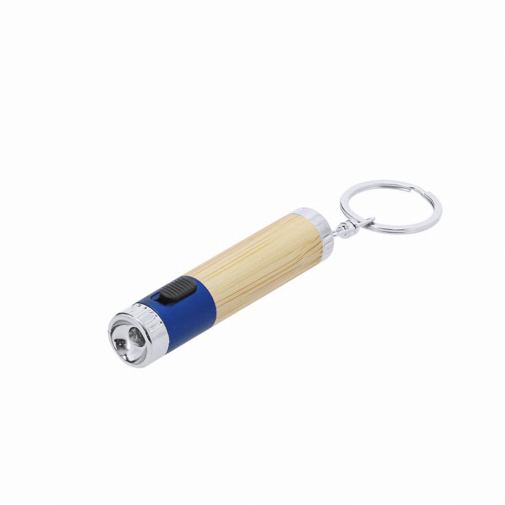 A keychain torch with a wooden body and blue accents, featuring a silver keyring and a on/off switch. Zungux - Image 1