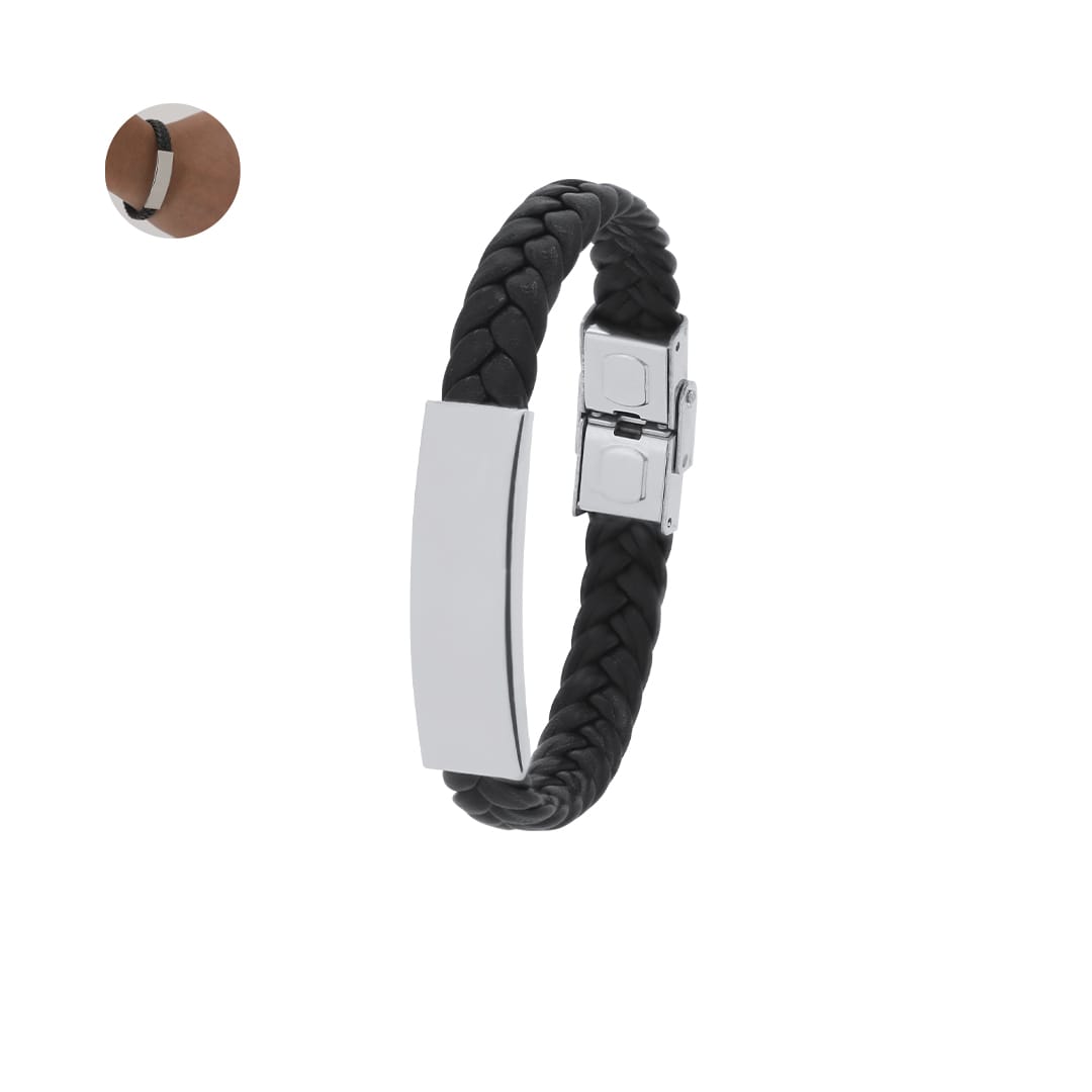 A braided black leather bracelet featuring a silver metal clasp and a smooth silver centrepiece. Mubark Bracelet - Image 1