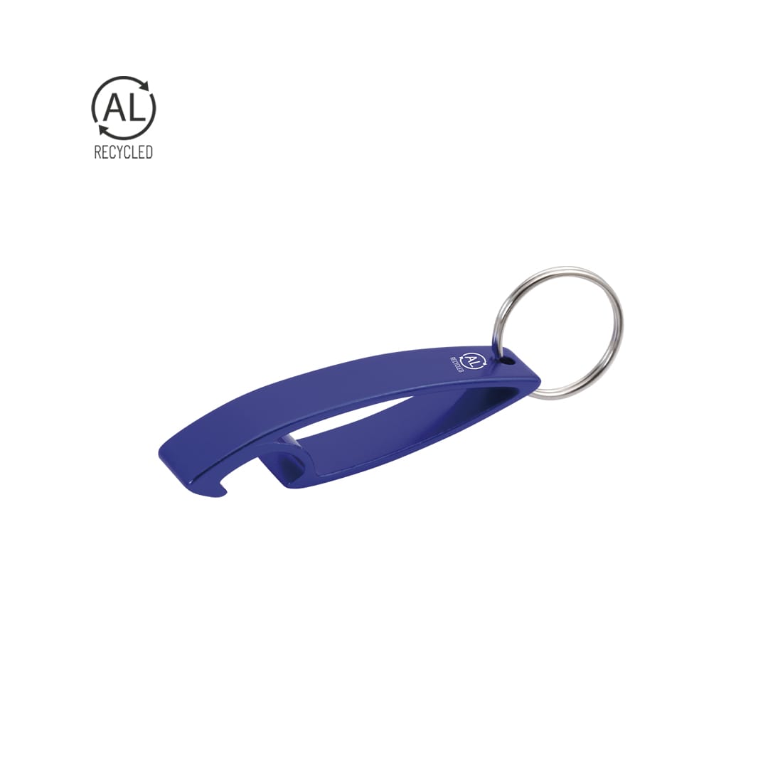 A drink bottle opener keyring in blue with a metal keyring attachment and a branding logo. Made from recycled materials. Niken Opener Keyring - Image 1