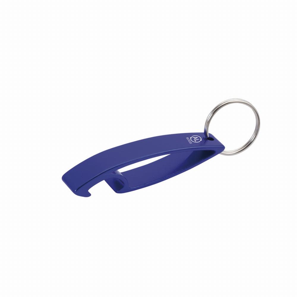 A blue keychain bottle opener with a ring attachment, featuring a simple, curved design. Niken - Image 1