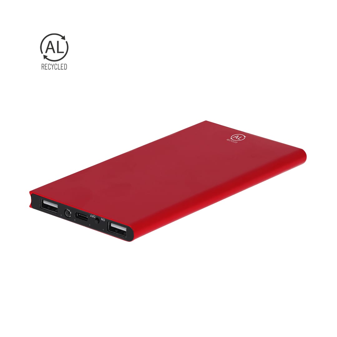 A red power bank with multiple ports and a logo, featuring a sleek design. Barrols Power Bank - Image 1