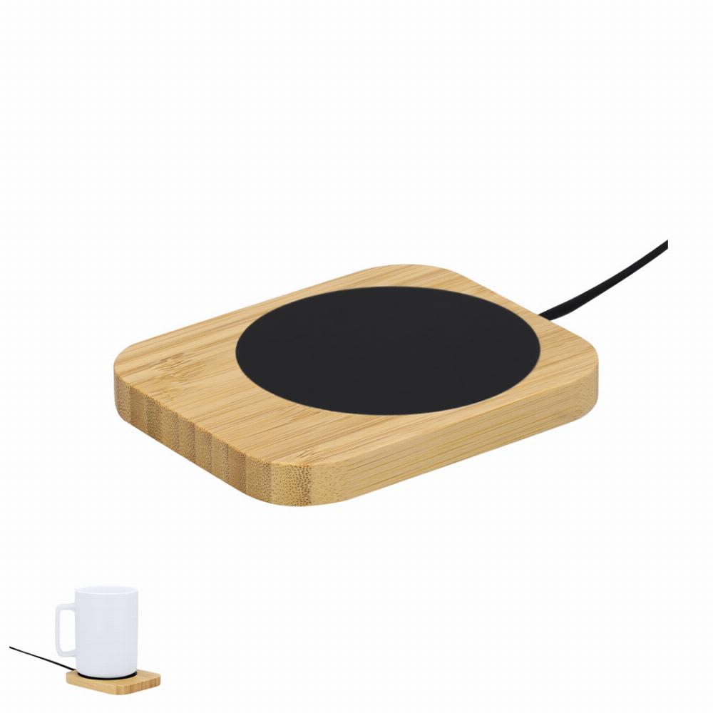 A wooden coaster with a black circular heat pad and a power cord, designed for warming mugs. Zobil - Image 1