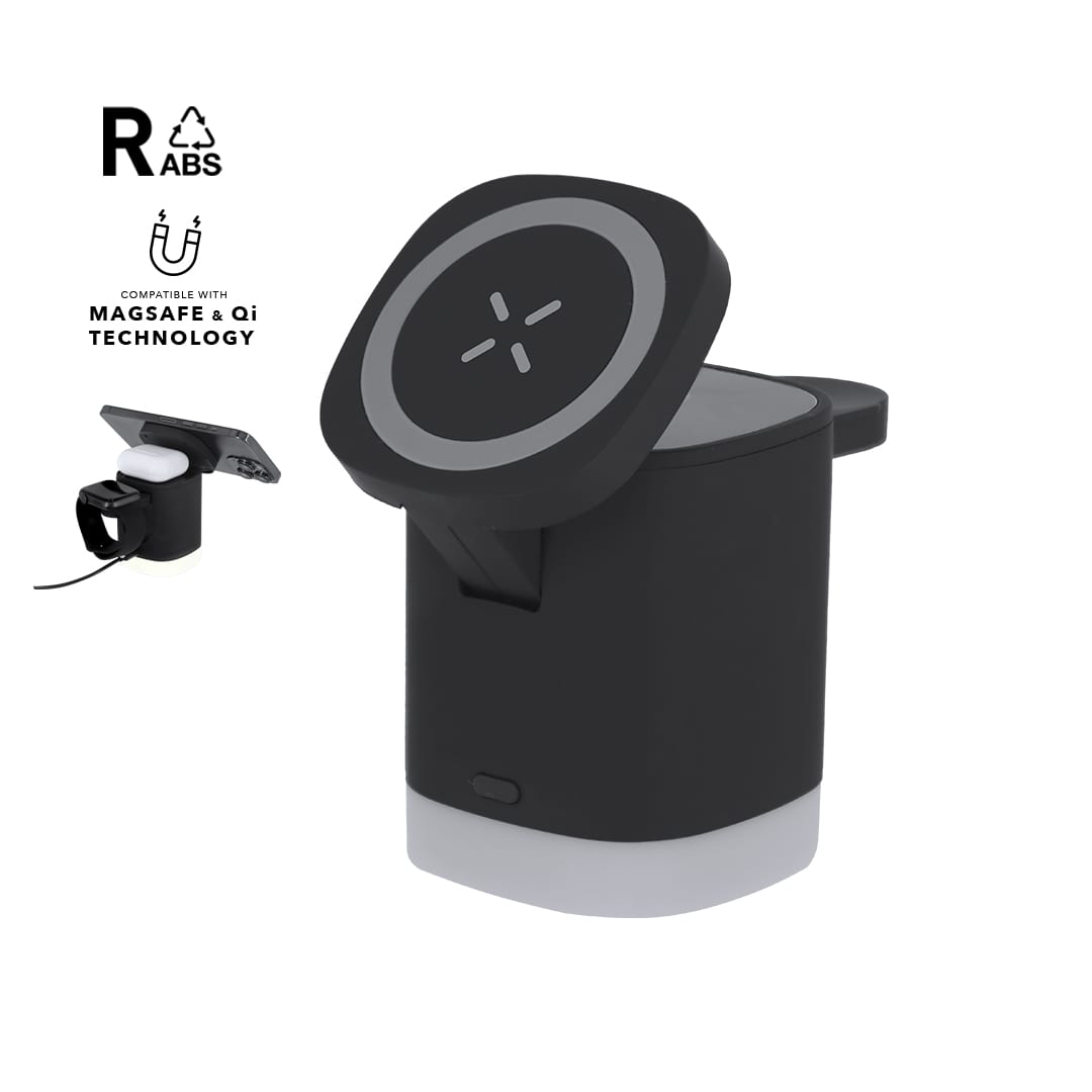 A wireless charger in black with a circular charging pad and a base. Includes a logo on the side. Ruclox Charger - Image 1