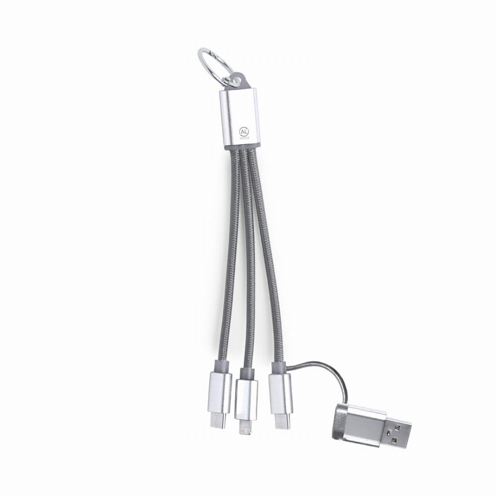 A multi-charging cable with three connectors attached to a keychain, featuring a sleek silver design. Bikoc - Image 1