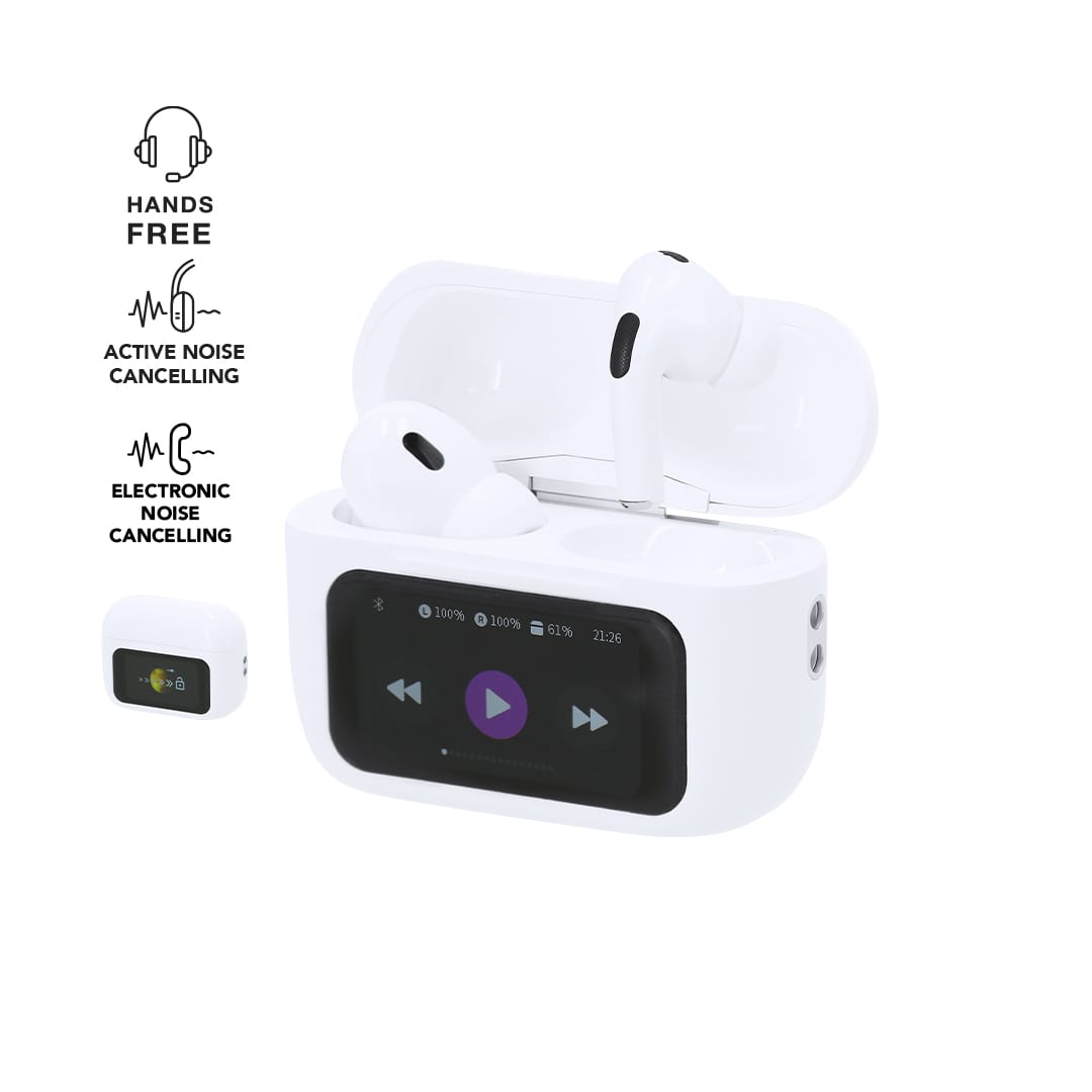 White wireless earphones in a charging case, featuring a control panel, designed for active noise cancelling. Kardax Earphones - Image 1