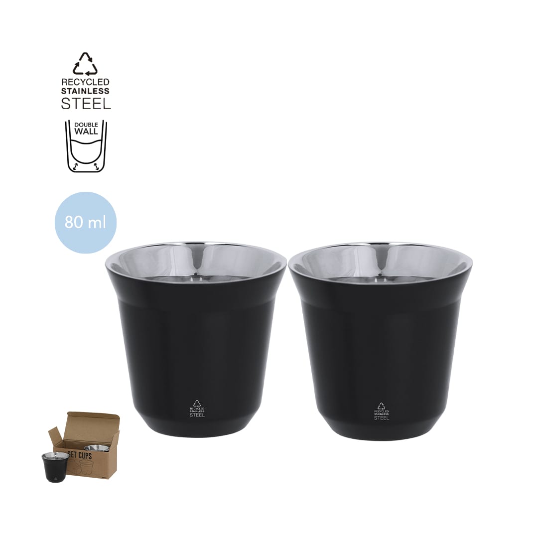 A set of two double-walled cups in black stainless steel, each with an 80 ml capacity. Boxed packaging included. Kodet Cups Set - Image 1