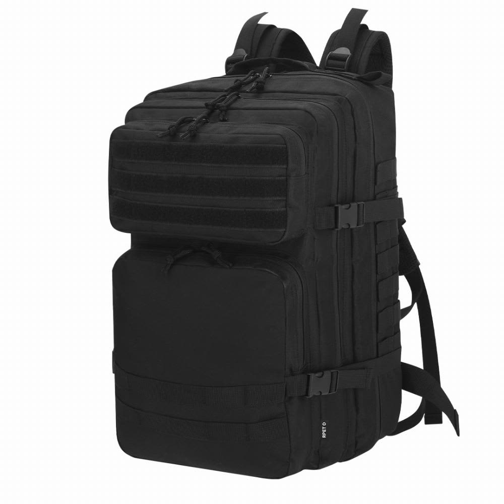 A black multi-compartment backpack with adjustable straps and a structured design, featuring a logo and multiple pockets. Bruxdul - Image 1