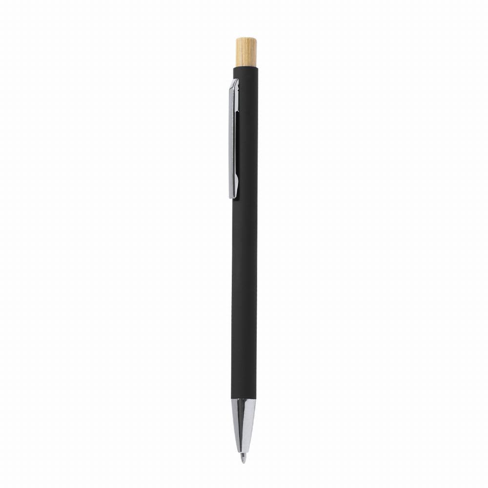 A pen with a black barrel and a bamboo top, featuring a silver clip and tip. It has a sleek design. Kosif - Image 1