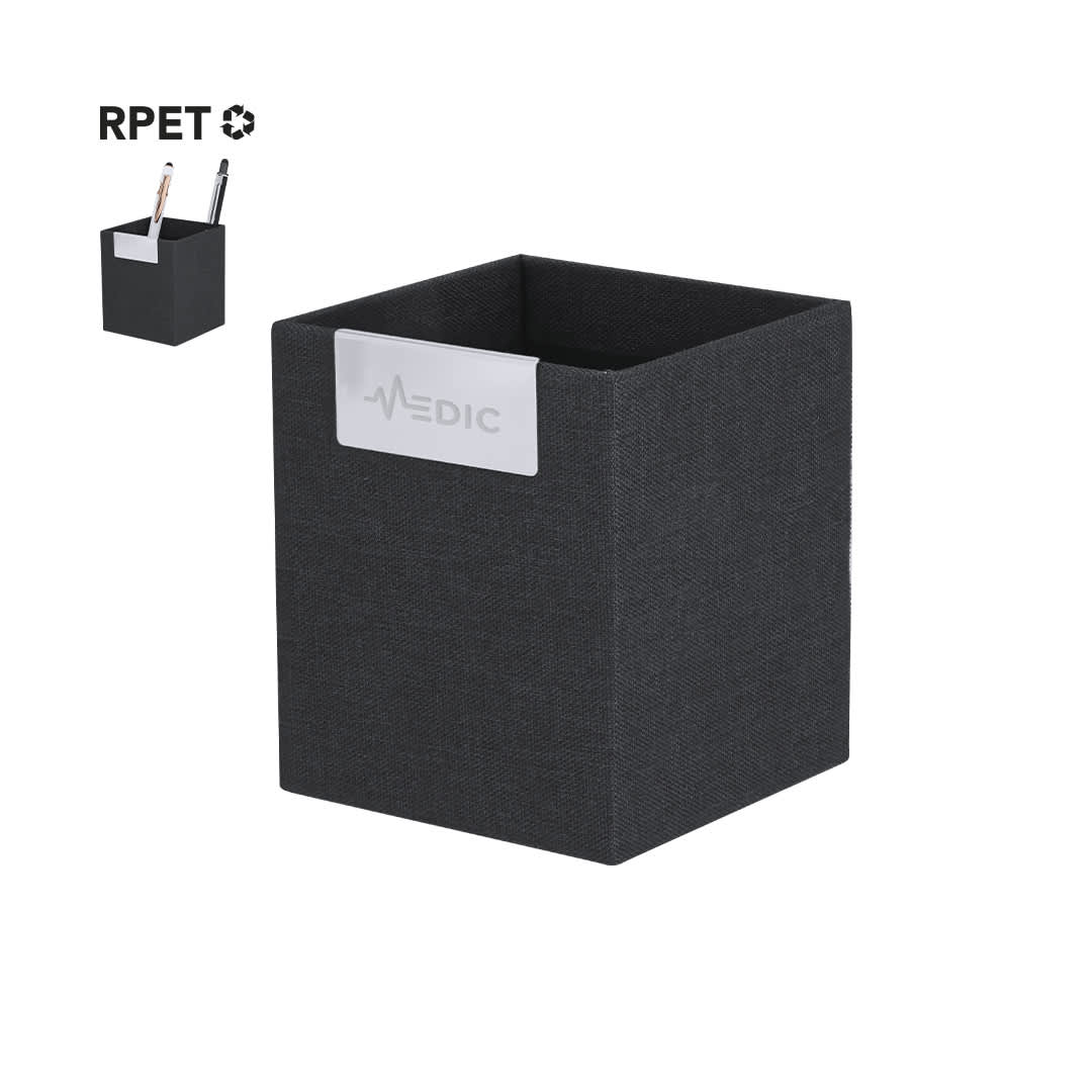 A black pencil holder with a simple design and a branding logo, suitable for office use. Xadry Pencil Holder - Image 1