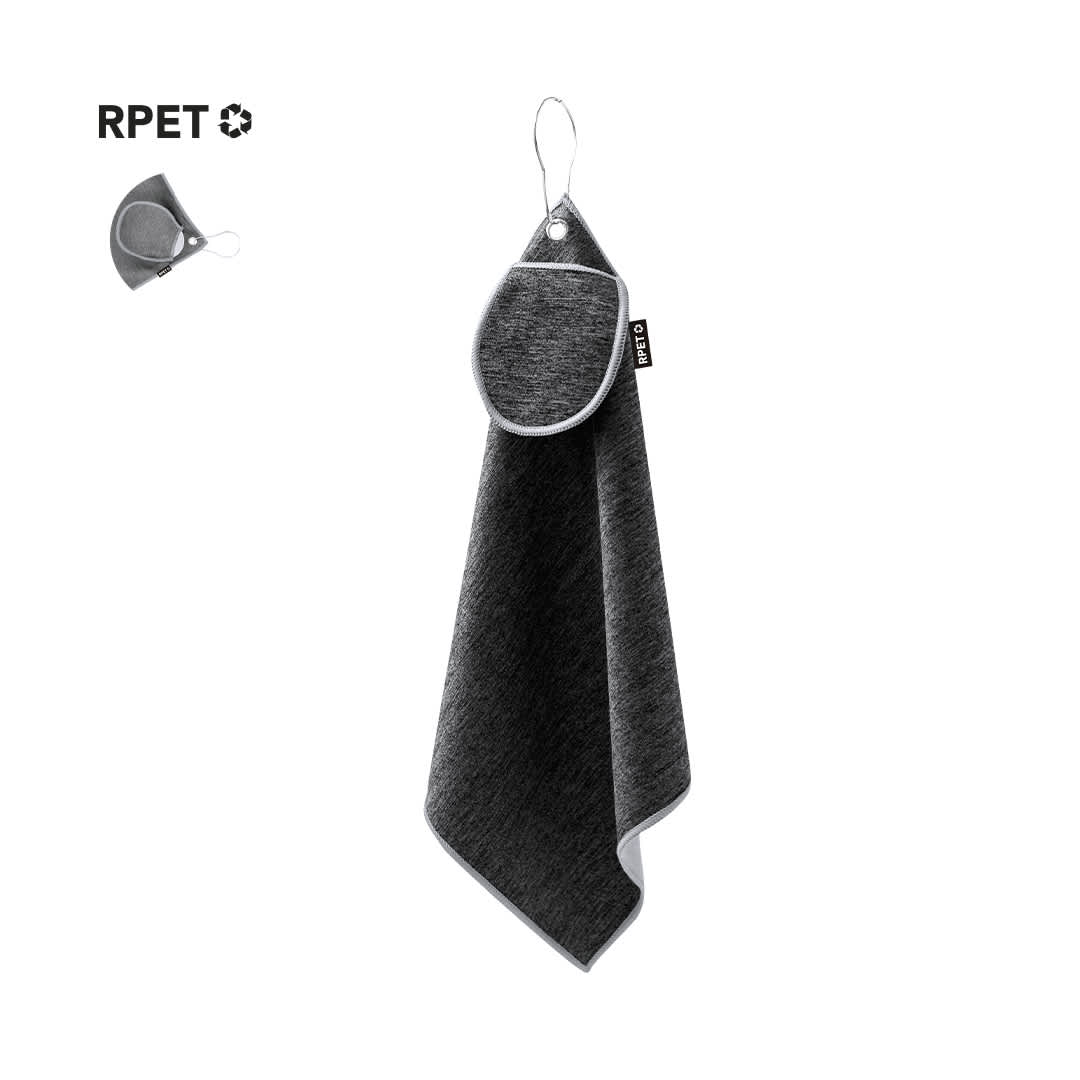 A grey golf towel with a hanging loop and a pocket. It features a logo on the fabric. Canrock Golf Towel - Image 1