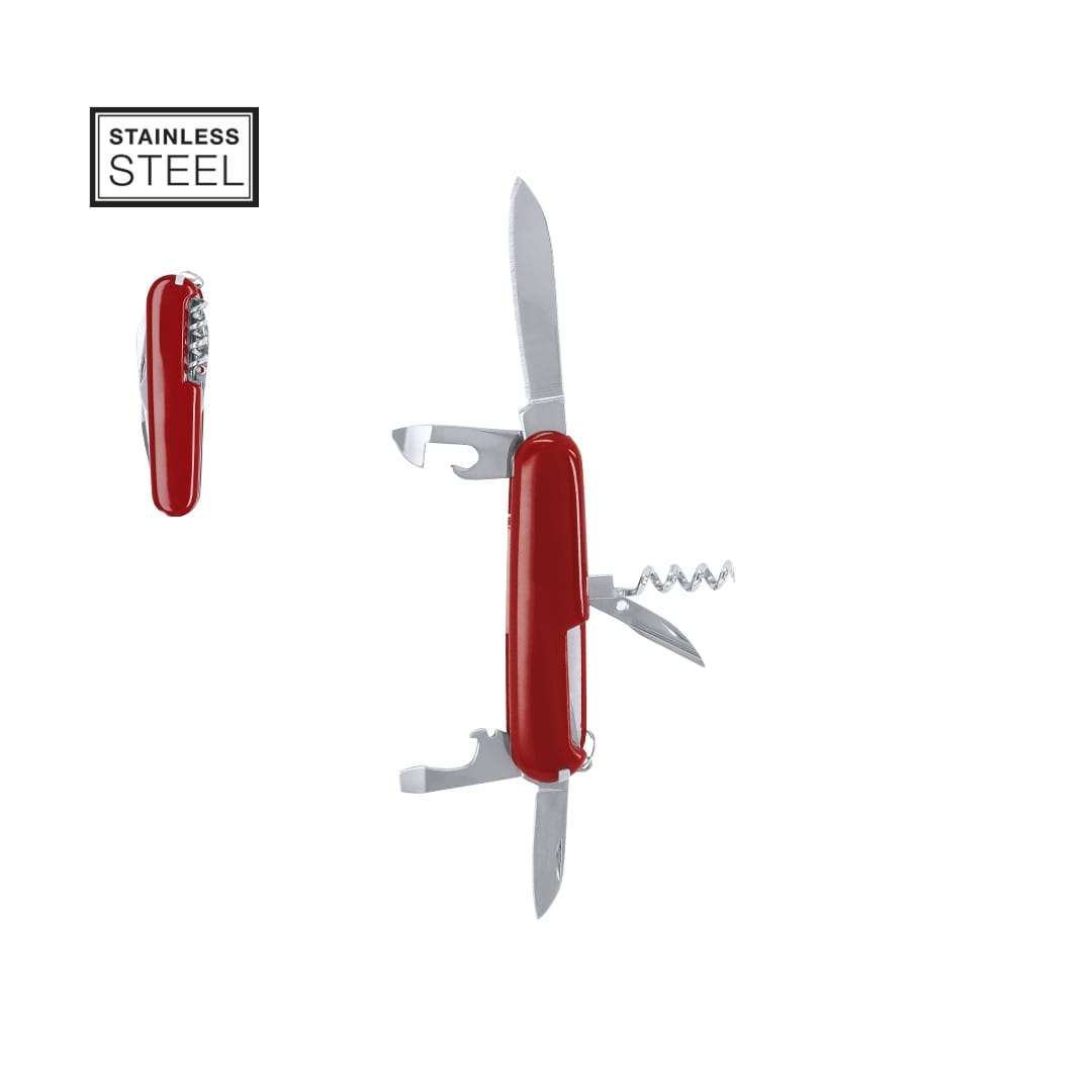 A red multifunction pocket knife featuring various tools, including a blade, corkscrew, and bottle opener, with a branding logo. Mansni Multifunction Pocket Knife - Image 1