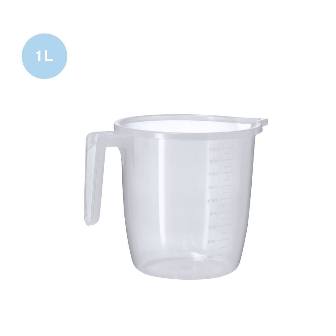 A clear plastic measuring jug with a 1 litre capacity and a handle, featuring measurement markings on the side. Pinnex 1 L Measuring Jug - Image 1