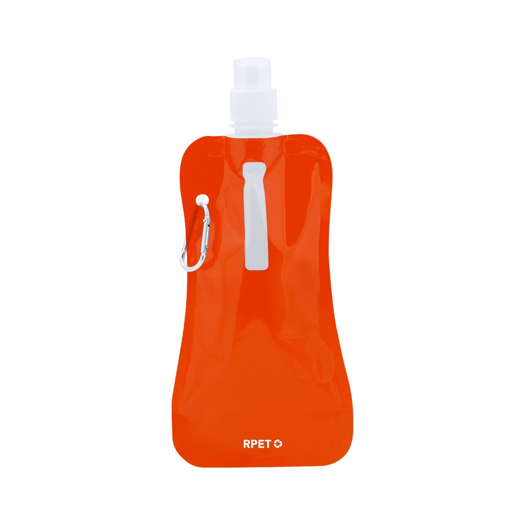 A drink bottle in bright orange with a white nozzle and a carabiner clip, featuring a logo. Risix Foldable Bottle - Image 1