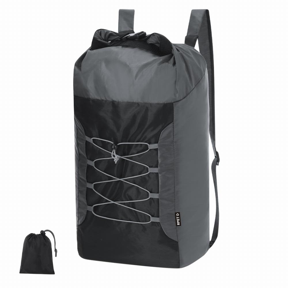 A backpack in grey and black, featuring a drawstring closure and adjustable straps, with a smaller matching pouch. Xeblaz - Image 1