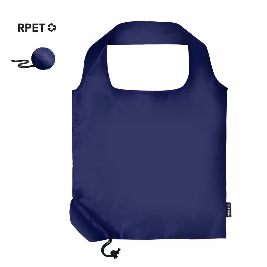 A foldable bag in navy blue with a matching storage pouch and a drawstring closure, featuring a logo. Bralam Foldable Bag - Image 1