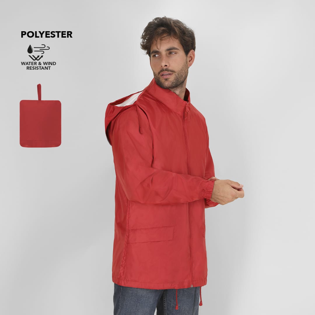 A red raincoat made of polyester, featuring a hood, pockets, and water and wind resistance. It has a logo on the side. Bravion Raincoat - Image 1
