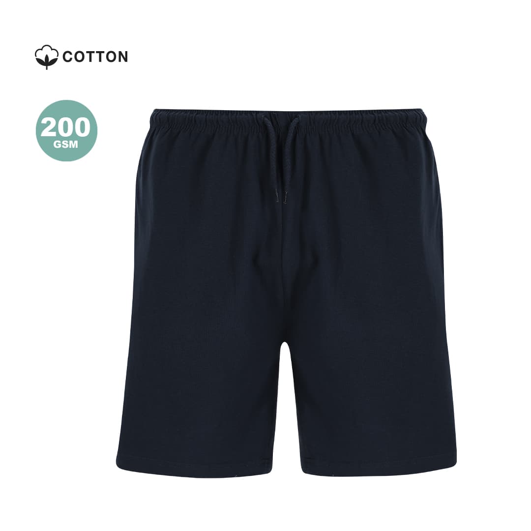 Navy shorts with an elastic waistband and drawstring, made from cotton fabric. Features a logo. Raffy Bermuda Shorts - Image 1
