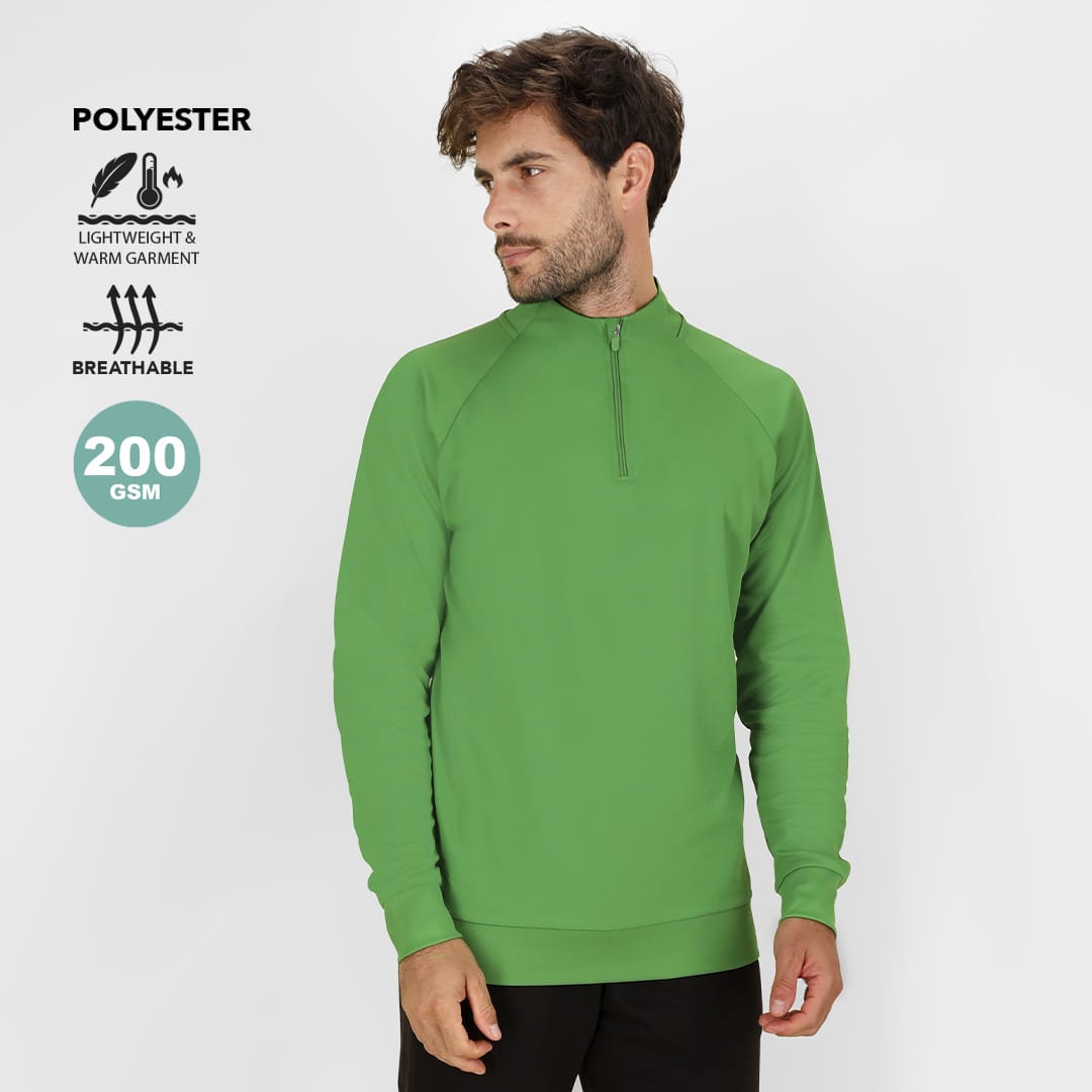 A green technical sweatshirt with a half-zip design, made from breathable polyester fabric. Features a logo. Brewer Adult Technical Sweatshirt - Image 1