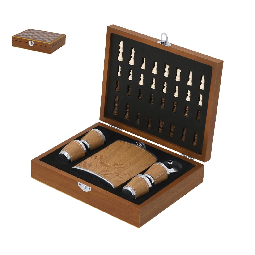 A drink flask set in a wooden box, featuring a stainless steel flask and two cups, with decorative chess pieces on top. Fleet Hip Flask Set - Image 1