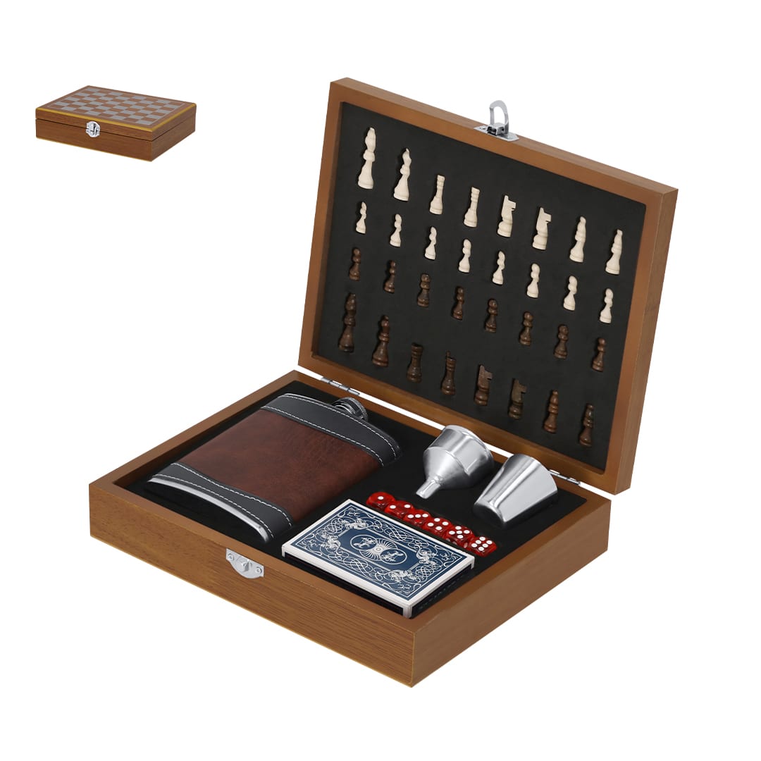 A drink bottle set featuring a stainless steel hip flask, shot cups, playing cards, dice, and chess pieces in a wooden box. Menzie Hip Flask Set - Image 1