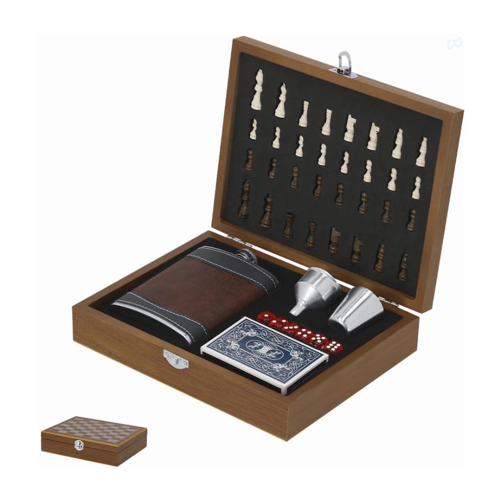 A game set featuring a wooden box containing chess pieces, a flask, dice, and playing cards. Menzie - Image 1