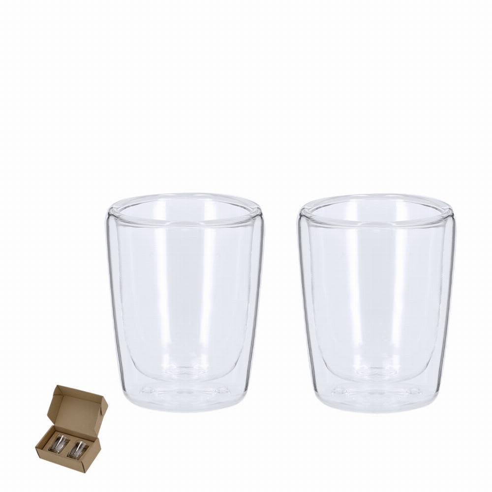 Two clear double-walled glass cups in a box. The cups are transparent, showcasing their sleek design. Frilux - Image 1