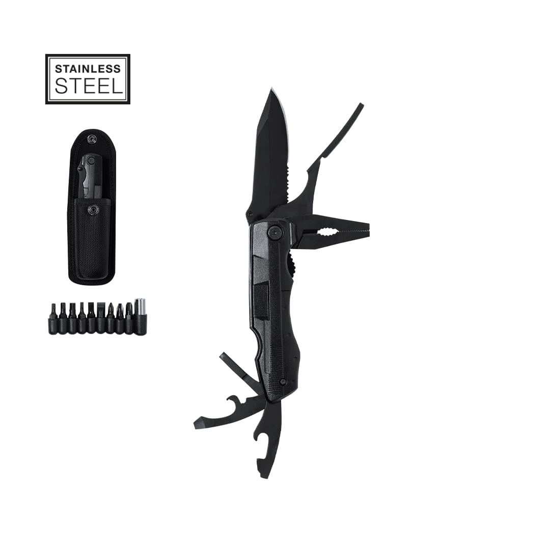 A black multifunction pocket knife with various tools and a protective pouch, featuring a set of interchangeable bits. Eliana Multifunction Pocket Knife - Image 1