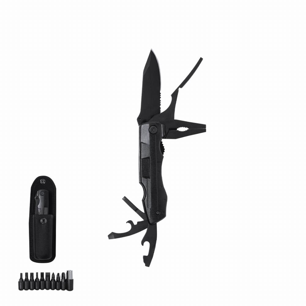 A multi-tool with a black knife, pliers, and various attachments, alongside a storage case and additional bits. Eliana - Image 1