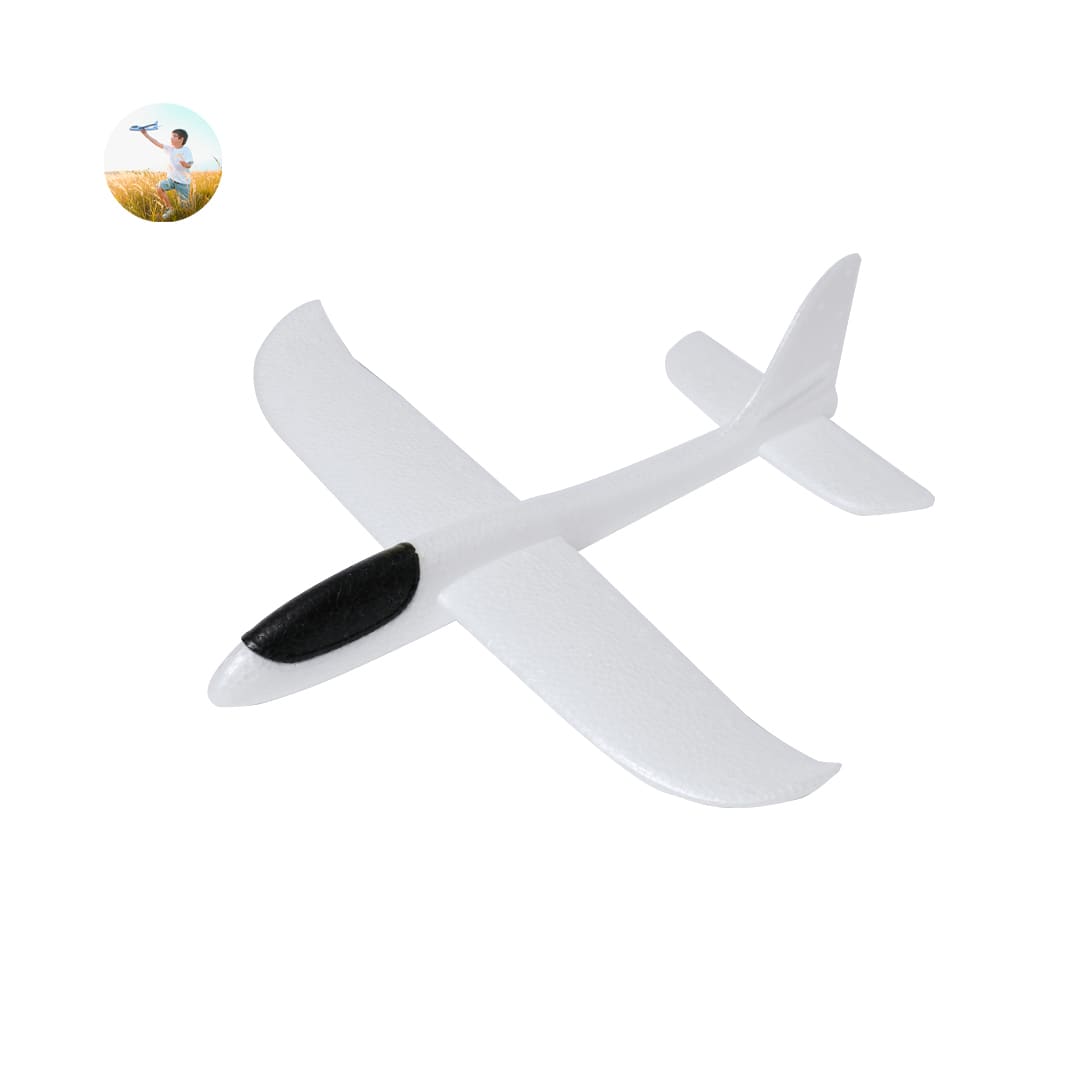A white and black toy aircraft, made of lightweight material, designed for throwing and play. Tulem Aircraft - Image 1