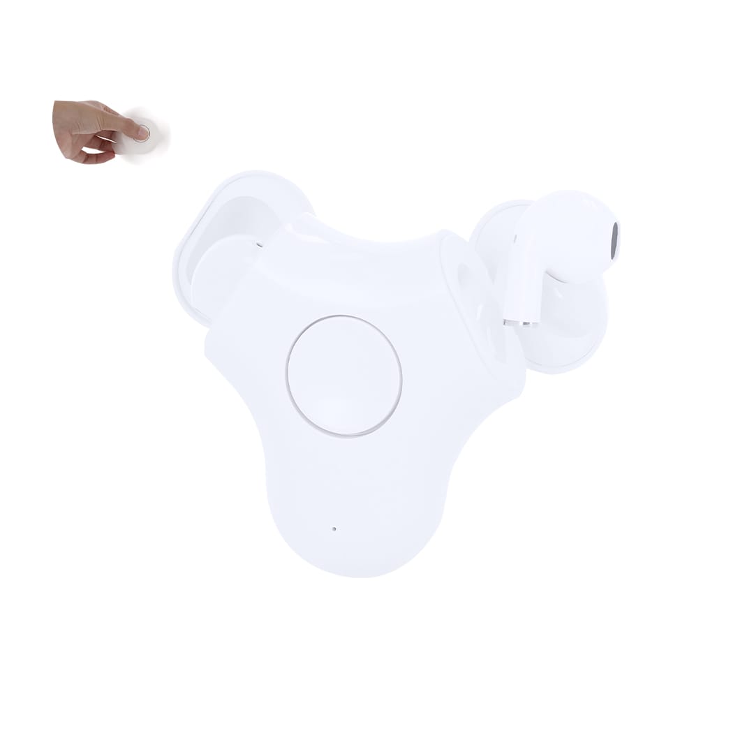 Levin Earphones in white with a unique design, shown alongside a hand holding a smaller white accessory. Levin Earphones - Image 1