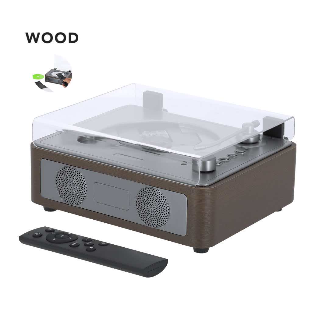 A wooden CD player with speakers, featuring a transparent cover and a remote control. Hopson CD Player - Image 1