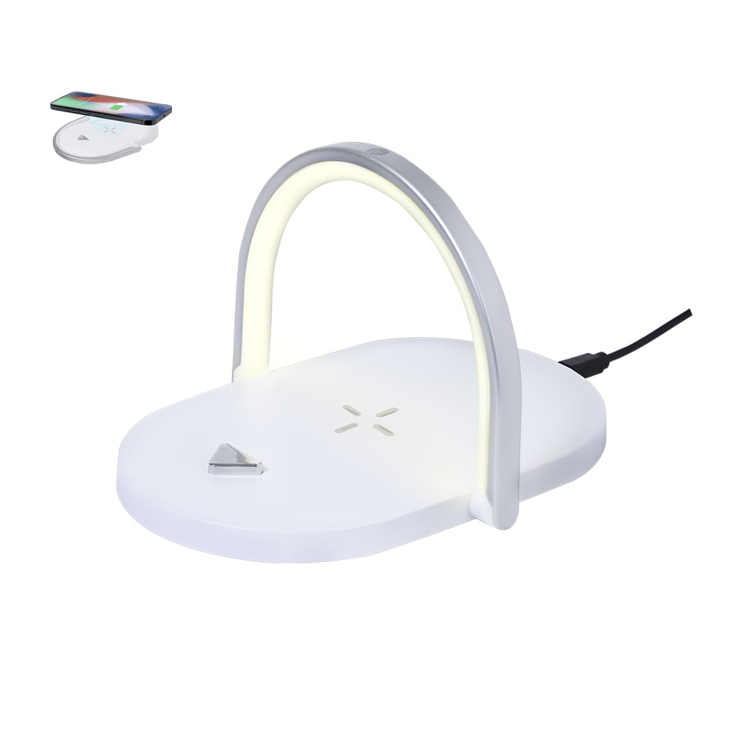 A white multifunction lamp featuring a curved light bar and a wireless charging pad on a sleek base. Cranston Multifunction Lamp - Image 1