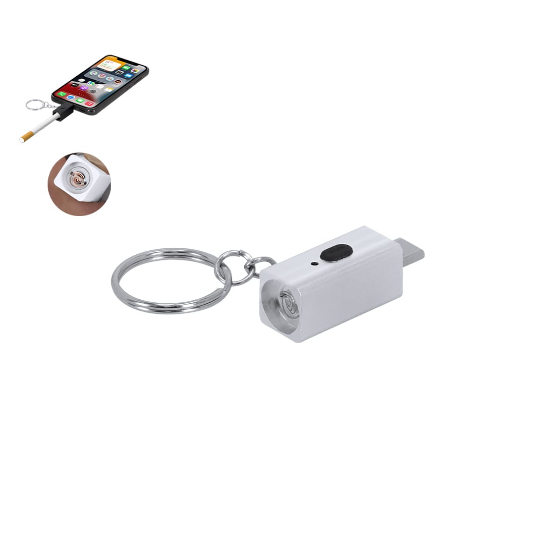 A white electric lighter keyring with a silver keyring attachment and a small LED light feature. Parris Keyring Electric Lighter - Image 1