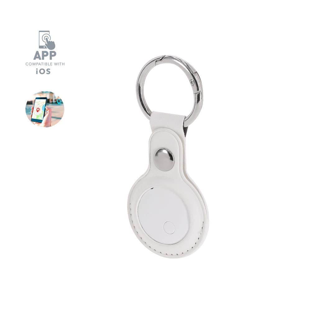 A white tracking device with a keyring attachment, featuring a small button and a logo. Brittany Tracker - Image 1