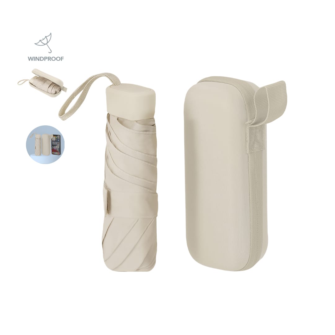 A beige, foldable umbrella with a matching case, featuring a logo and a windproof design. Ottis Foldable Umbrella - Image 1