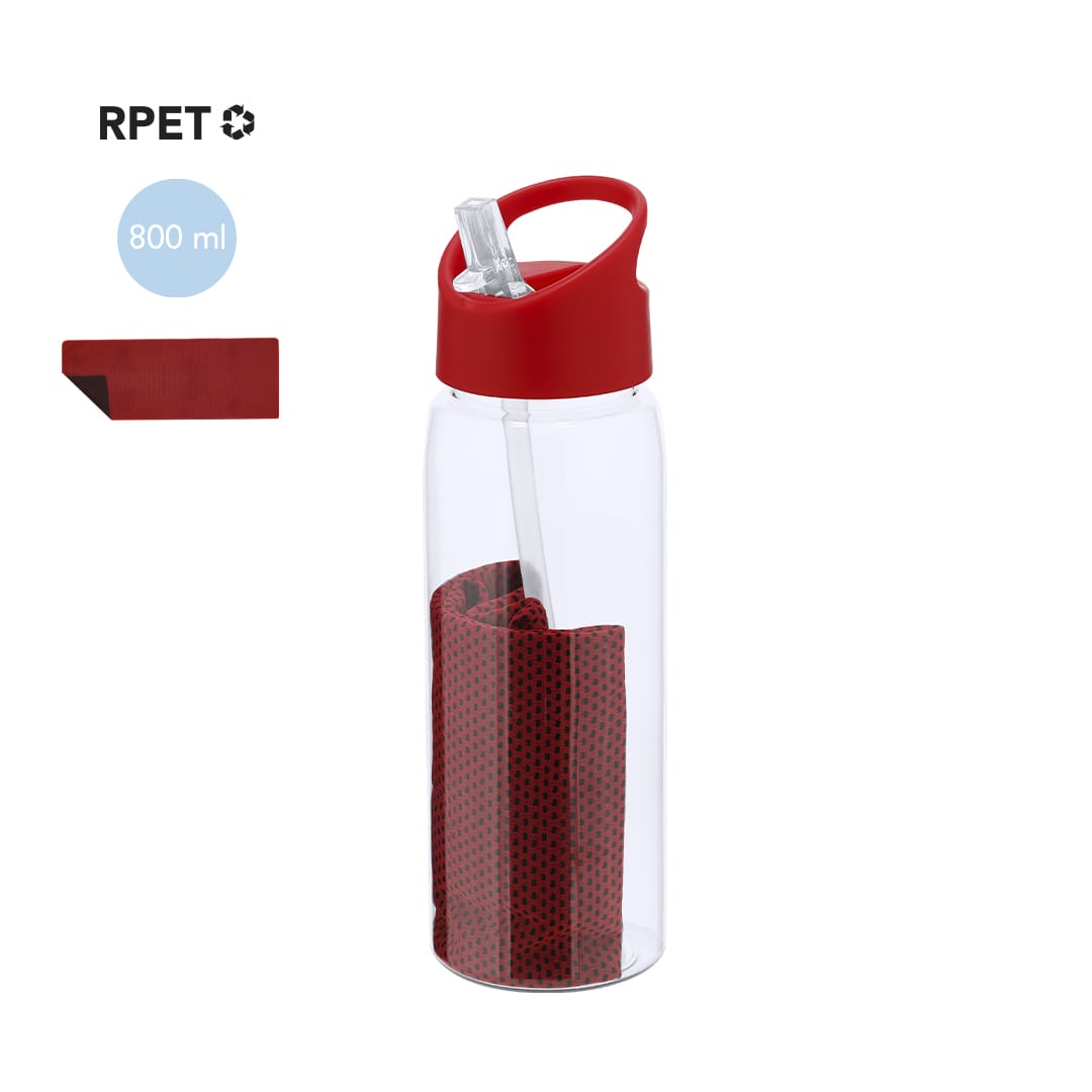 A drink bottle in transparent plastic with a red cap and straw, featuring a red and black pattern inside. Garyl Holder Bottle - Image 1