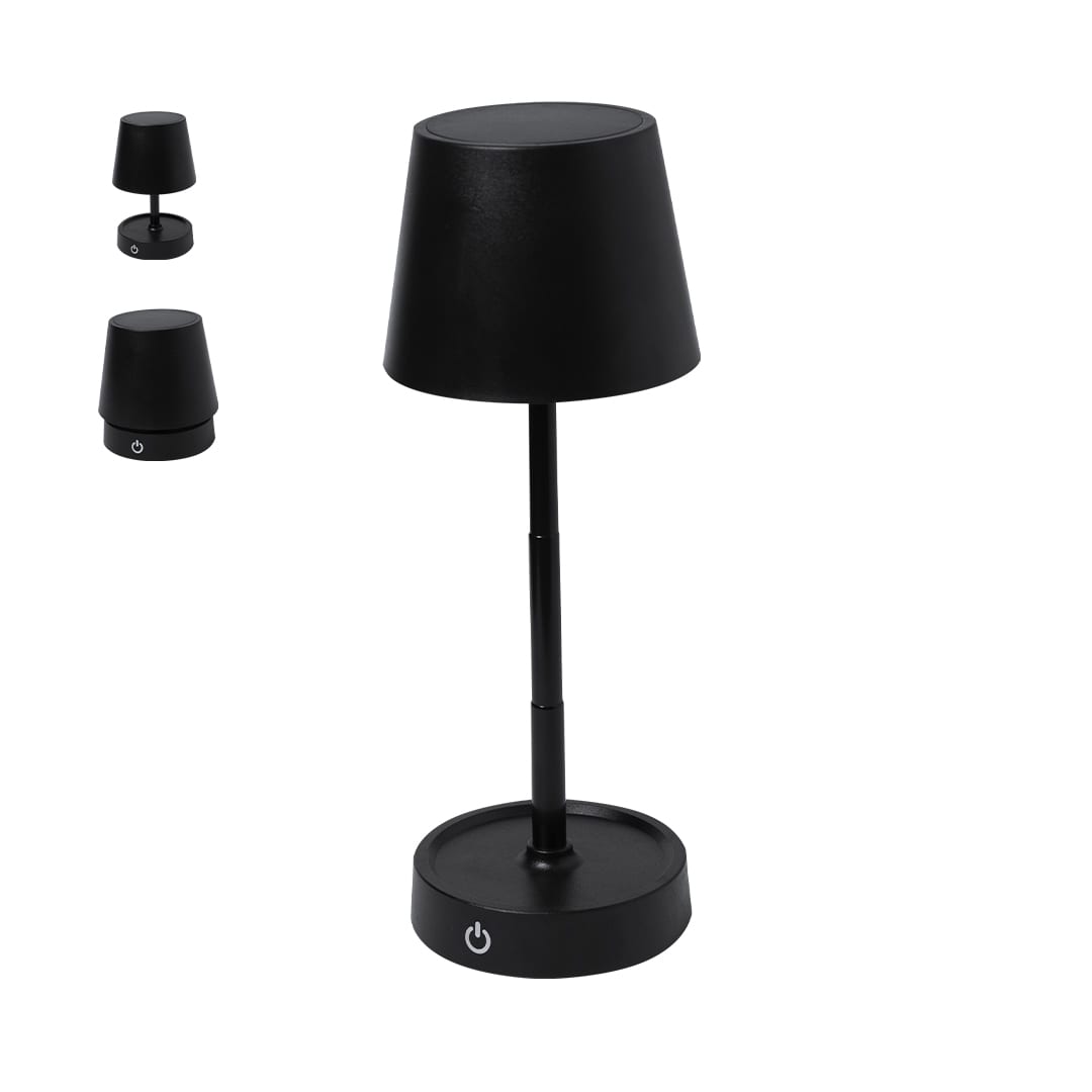 A black lamp with a cylindrical base and a conical shade, featuring a logo on the base. Kirsten Lamp - Image 1